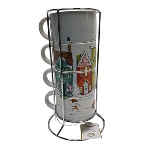 Pier 1 Stacking Christmas Village Winter Stoneware Mugs Set of 4 Metal S…